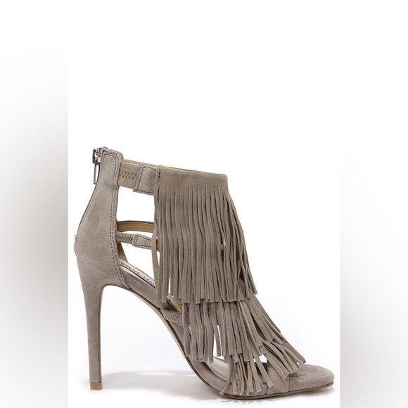 Taupe "Radiohead" Faux Suede Fringe Open Toe Heeled Sandals - Picture 4 of 12